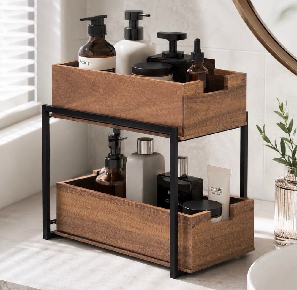 Seville Classics 2-Tier Sliding Acacia Wood Metal Bin Organizer 14x9x12.5